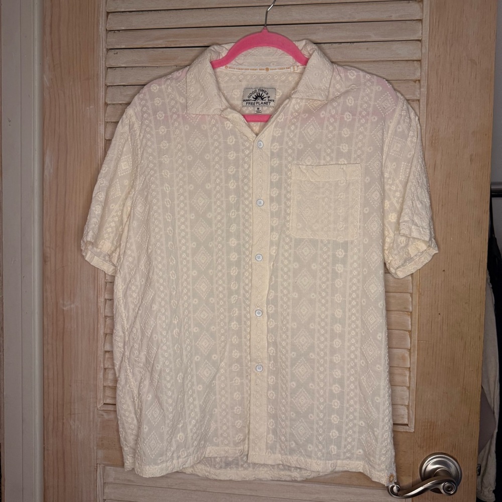 023 Free Planet Cream Embroidered Men’s Button Up- Size M